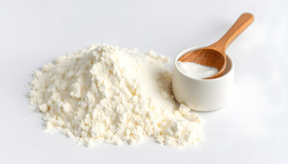 Pile of bovine colostrum powder with wooden spoon and white container on white background. Colostrum benefits for immune system and gut health concept isolated with white highlights, png