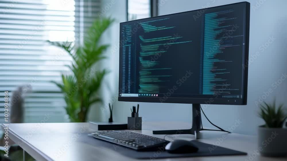 Poster Modern workplace is shown, featuring a curved monitor displaying lines of code, suggesting a focus on software development and programming tasks