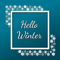 hello winter template. card with winter typography on gradient background with snowflakes. cute vector illustration in contrasting white and blue. for backdrop, banner, greeting, invitation, poster