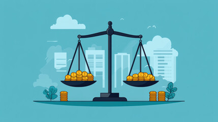 Balancing coins on scale symbolizes economic stability and growth