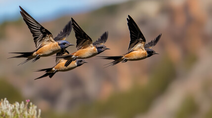 Flock of swallows flying gracefully across scenic mountain range