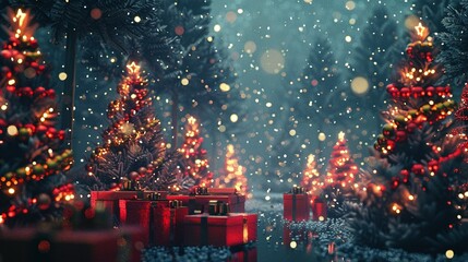Christmas Trees in a Snowy Forest with Gifts