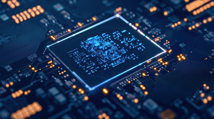 Futuristic circuit board with glowing elements and digital patterns
