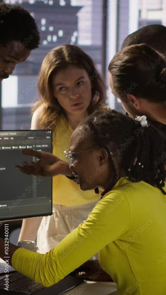 Poster vertical video it staff members arguing, having different ideas while testing and deploying programs