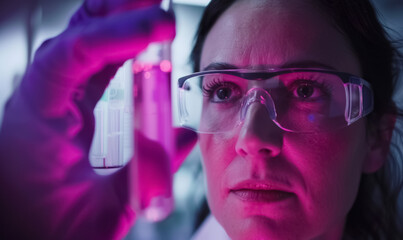focused female scientist in glasses and purple gloves holds up test tube with biotech sample liquid, biotechnology experiment in laboratory environment