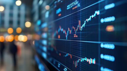 Real time financial data displayed on high tech screen, showcasing market trends