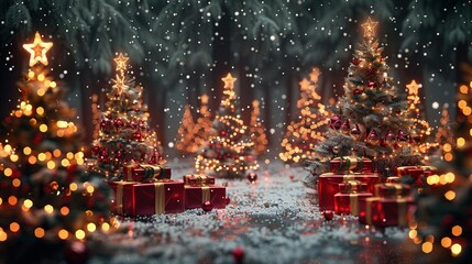 Decorated Christmas Trees in a Snowy Forest