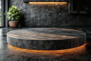 Fototapeta premium Modern wooden platform with warm lighting in a stylish dark interior