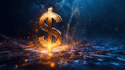 Golden dollar sign glowing in digital landscape, symbolizing wealth and prosperity