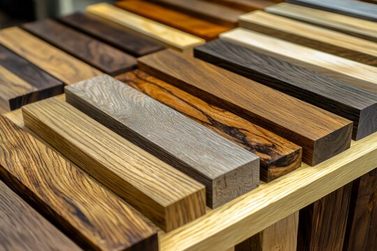 A diverse collection of wooden planks showcasing various textures and colors at a woodworking workshop