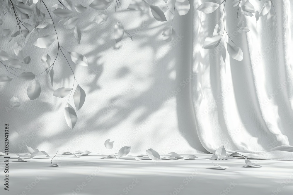 Poster soft white leaves casting gentle shadows on a serene backdrop with flowing fabric in a tranquil sett