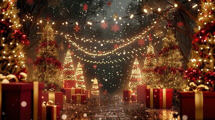 Obraz premium Christmas trees adorned with lights and ornaments, surrounded by presents on a snowy night