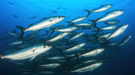 Massive swarm of sardines swimming in unison through ocean depths