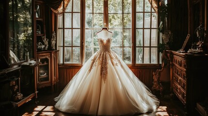 Elegant Wedding Dress in Sunlit Room