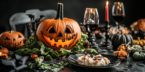 Halloween Table with Festive Food and Pumpkin, Spooky Dinner Setup with Decorations







