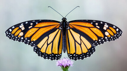 Fototapeta premium Monarch butterfly landing on flower, showcasing vibrant colors and beauty