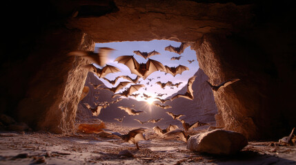 Emerging bats in cave at sunset create mysterious atmosphere