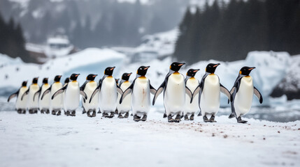 Obraz premium Marching penguins on snowy landscape create stunning scene of unity and grace