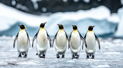 Obraz premium Marching penguins across frozen terrain evoke sense of unity and resilience