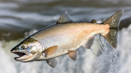 Leaping salmon against powerful waterfalls, showcasing natures strength and beauty