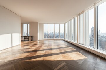 Fototapeta premium A large open room with a wooden floor and a table