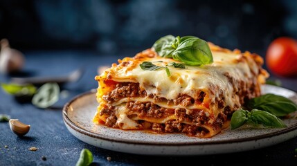 Fototapeta premium Delicious Lasagna with Fresh Basil and Cheese Slice