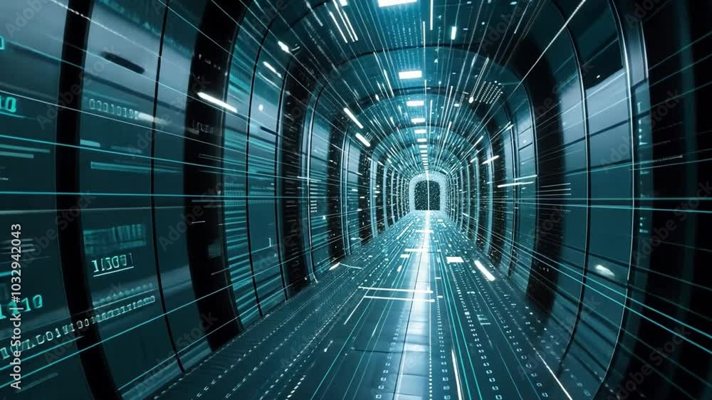 Poster The image depicts a futuristic tunnel filled with vibrant digital data streams, showcasing a dynamic flow of information and technology. This cyber environment suggests rapid advancements.
