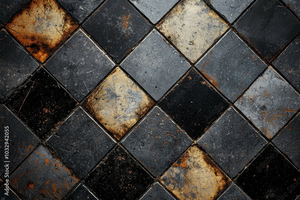 Poster exploring a weathered black and white tile pattern in a rustic indoor setting with visible dirt and 