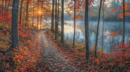 Fototapeta premium Tranquil Autumn Path by a Serene Lake