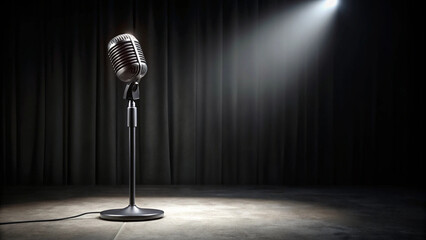 Vintage style microphone at scene in podcast studio hall, black stylish backdrop with copyspace