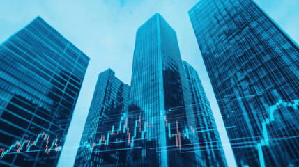 Modern skyscrapers with financial data overlay create dynamic urban scene