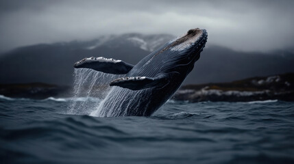 Fototapeta premium Whales breaching near surface, showcasing their majestic beauty and power