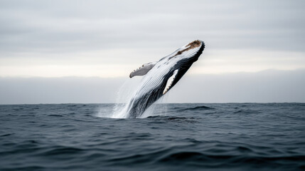 Fototapeta premium Whale breaching near surface in serene ocean setting