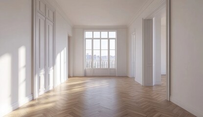 A large room with a window and a door