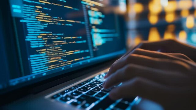 Software developer types code on a laptop in a dimly lit office, creating a digital masterpiece late at night