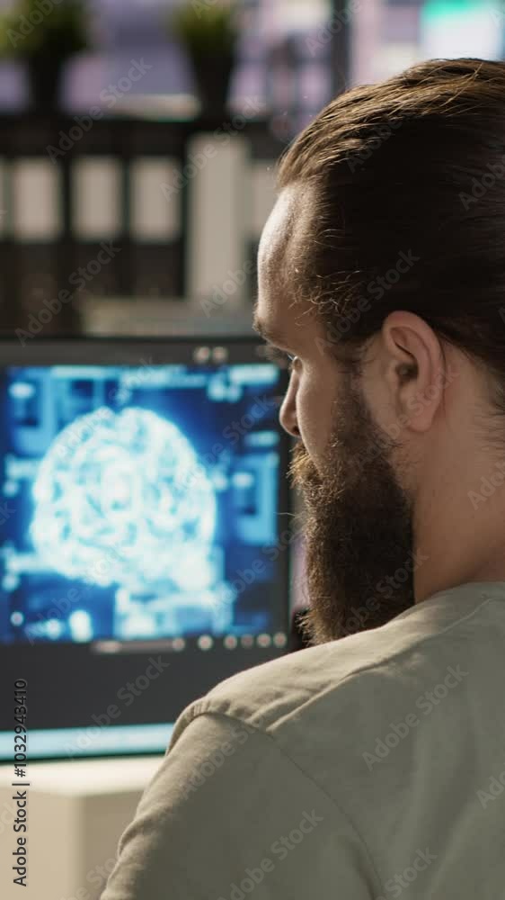 Poster vertical video software technician using computer for artificial intelligence computing simulating h