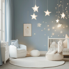 Pastel Blue Nursery Accented with Soft White Furniture and Warm Ambience