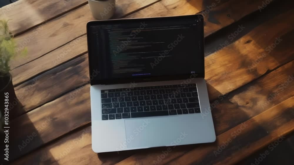 Aufkleber laptop is open, displaying lines of code on a wooden desk, illuminated by natural light, suggesting 