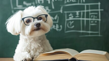 Dog with Glasses Studying in Classroom Setting