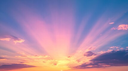 Fototapeta premium Sunset sky with vibrant colors and sun rays, serene nature view. Tranquility and beauty concept