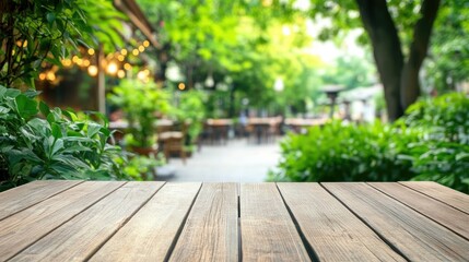 Wooden Table Surrounded by Lush Greenery Outdoors