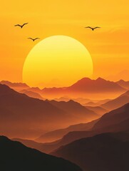 Fototapeta premium Sunset Serenade: High-Def Photography of Mountains and Skies with Soaring Birds