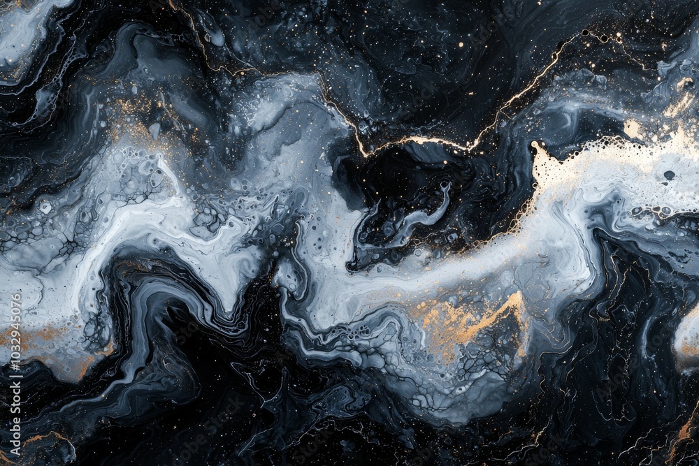 Poster abstract black and white marble pattern with golden accents creating a mesmerizing swirl effect