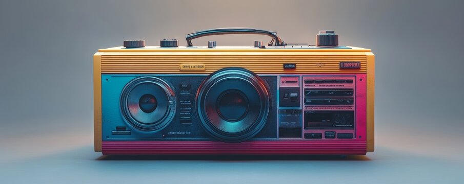 A vibrant, multi-colored retro boombox on a white background, dramatic lighting set against a gray backdrop. An urban feel, ideal for advertising