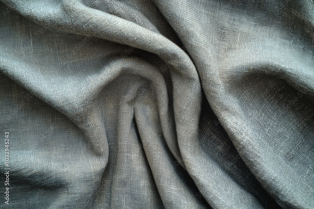 Poster textured gray linen fabric draped elegantly showcasing intricate weaving patterns and softness