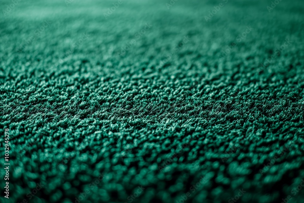 Poster close-up view of textured green carpet highlighting fibers and depth in a well-lit indoor setting