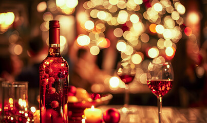 Warm and festive atmosphere with a close-up of a bottle of red wine and a glass, with a bokeh background.