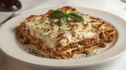 Delicious Lasagna with Cheese and Basil Garnish