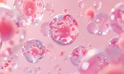 A vibrant microscopic view of pink spherical cells with delicate membranes floating in a translucent, glowing environment, highlighting the intricate details of cellular structures