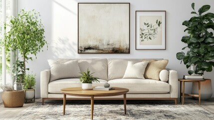 Cozy Living Room with Plants and Art Decor